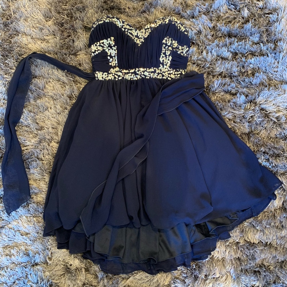 Navy and silver sequins mini prom dress